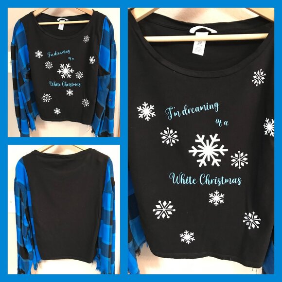 Reworked Flannel Tee, Size L-2XL: Upcycled Oversized White Christmas Snowflakes - Picture 9 of 9